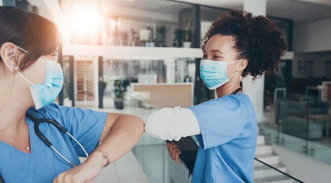 Face mask, welcome and team with nurse in hospital for elbow bump, meeting and medical policy. Healthcare, consulting and greeting with people in clinic for compliance, flare and virus protection