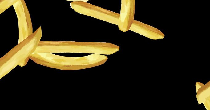 French fries. Pattern with roasted potato chips in deep fat. Fry oil potatoes on black background. Yellow sticks. Fast Food. Unhealthy tasty food. 4K motion graphic animation from left to right