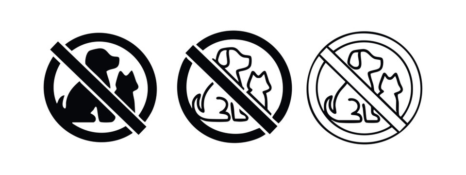 No Dogs or Cats Allowed Icon Set. Pet prohibition symbols for public spaces in various visual styles.