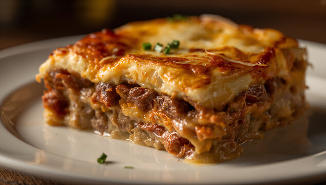 Close-up of moussaka slice on a white plate, layers of eggplant, minced meat, and b&eacute;chamel sauce, baked to perfection, greek cuisine, greek food
