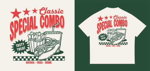 Retro fast food illustration with hotdog, fries, and drink in vintage style, perfect for T-shirt, poster, and streetwear design © luqart97
