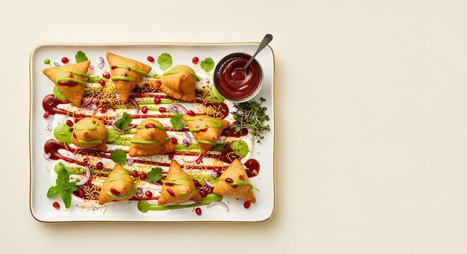 Traditional samosa chaat topped with yogurt, mint and tamarind chutney