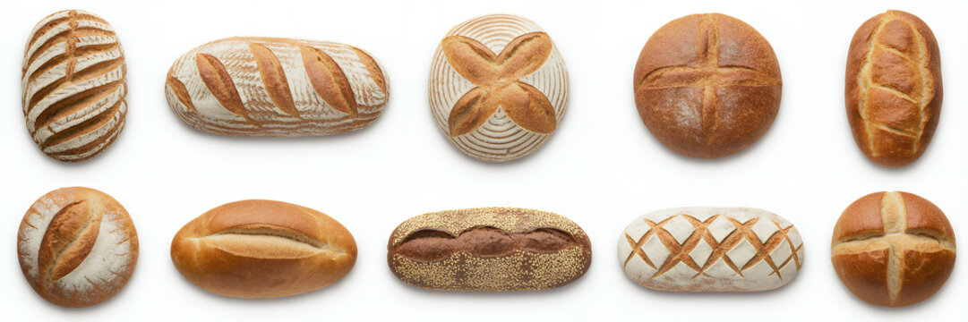 Assorted types of bread on white background loaves boules