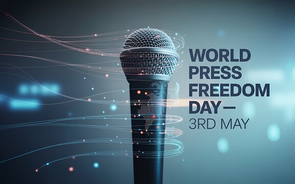 "World Press Freedom Day &mdash; 3rd May" illustration with microphone and abstract blue background