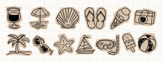 Hand-drawn summer scrapbook elements including ice cream, sunglasses, flip flops, palm tree, surfboard, beach ball, camera, umbrella, starfish, and popsicle © luqart97