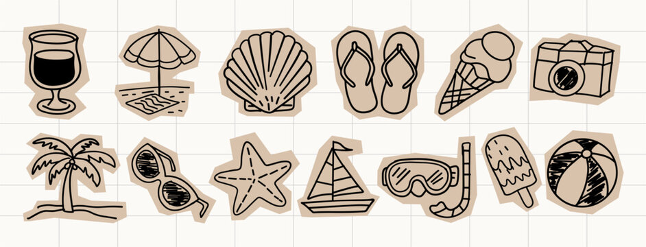 Hand-drawn summer scrapbook elements including ice cream, sunglasses, flip flops, palm tree, surfboard, beach ball, camera, umbrella, starfish, and popsicle