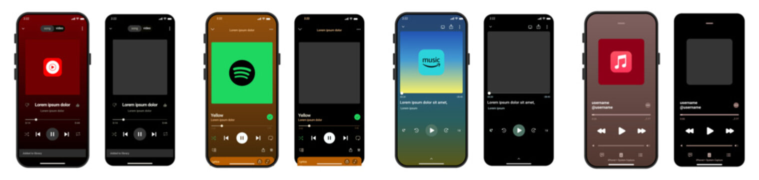 Music streaming mobile app UI mockup set featuring Spotify, Apple Music, YouTube Music and Amazon Music style player interfaces.