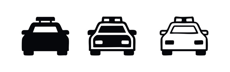 Police car front view icon set in different styles, symbolizing law enforcement and security. © liubomir118809