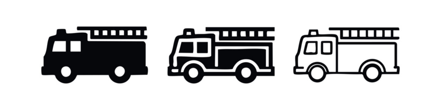 Fire truck with ladder icon set in various styles, symbolizing emergency response and fire rescue.