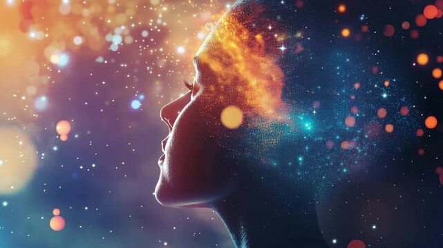 Cosmic Reflection: Silhouette of a woman merges with a vibrant nebula and a scattering of stars, capturing the essence of the mind's boundless expanse.