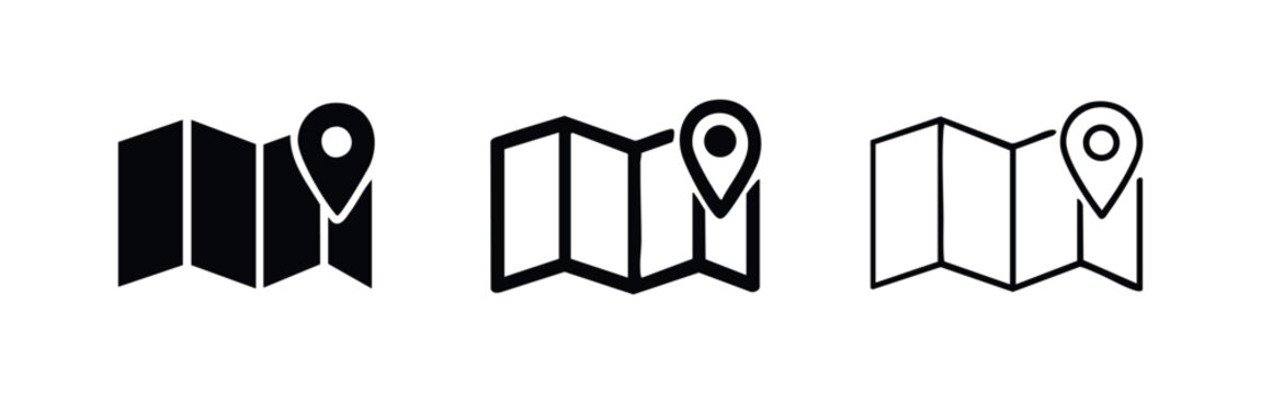 GPS map location pin icon set in different styles, representing navigation, directions, and travel points.