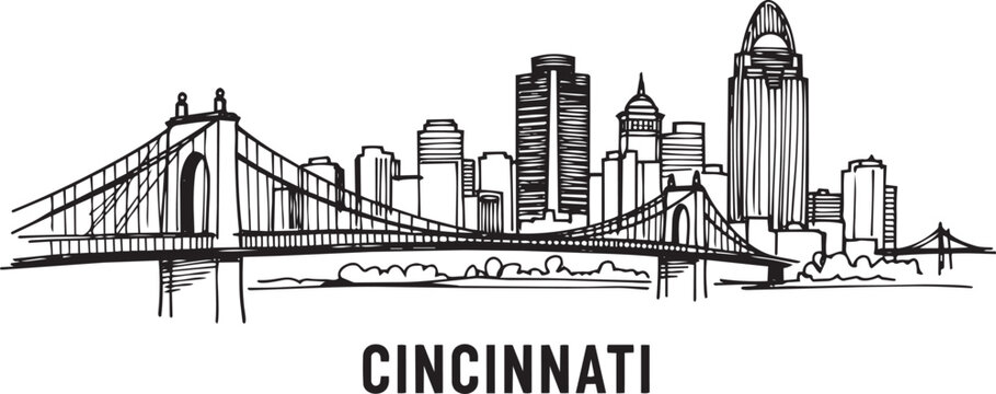 Cincinnati City Skyline Hand-drawn Sketch Vector Art With Downtown Buildings And Iconic Bridges For Trave