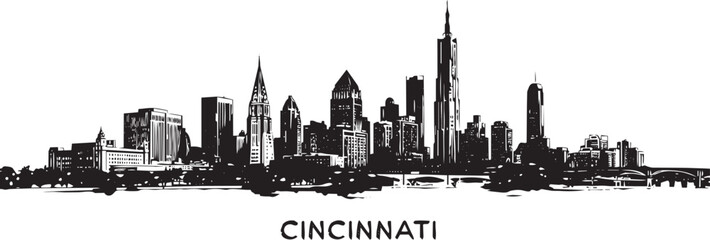 Fototapeta premium Cincinnati Skyline Cityscape Silhouette Illustration With Bridges And Trees In Outline Style