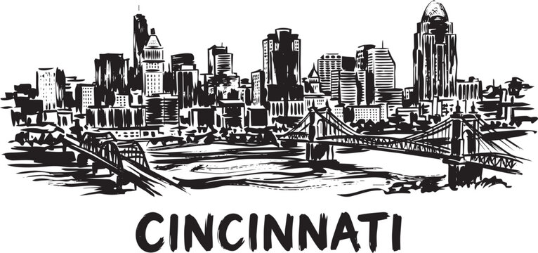 Cincinnati Skyline Illustration With Bridges In A Sketched Black And White Style In Outline Style