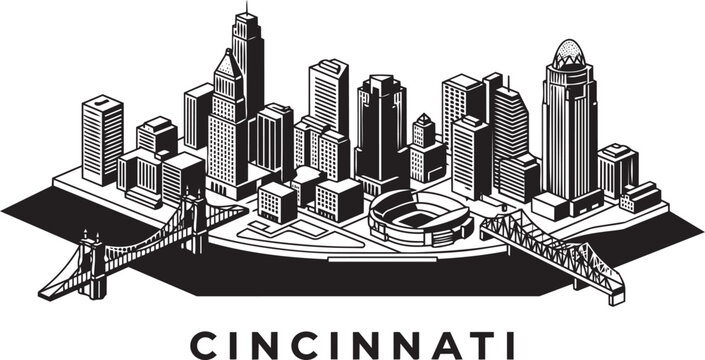 Cincinnati Skyline Illustration With Suspension Bridge And Stadium In Black And White Isometric Style