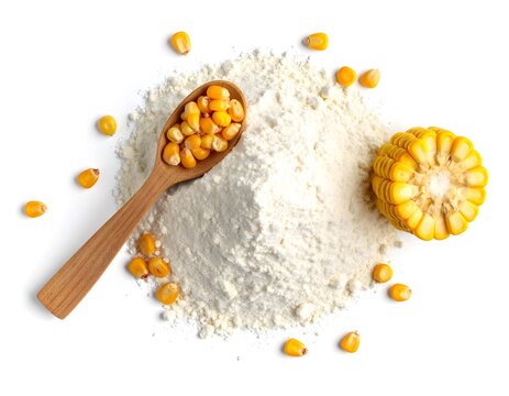 Top view of cornflour with corn slice on white background