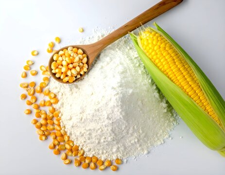 Top view of cornflour with corn seeds on white background