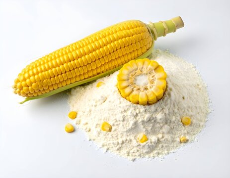 Fresh cornflour with corn fruit on white background