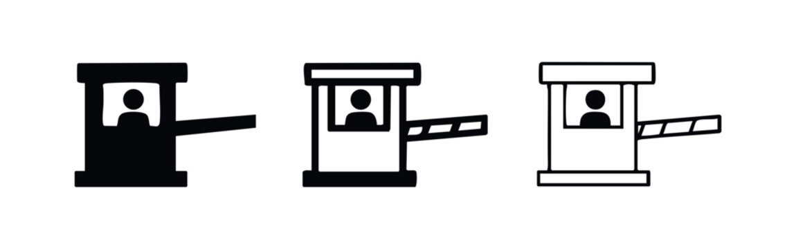 Toll Booth with Operator Icon Set. Checkpoint barrier symbol with a person inside. Road access control illustration.