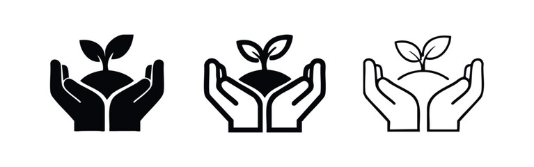 Obraz premium Hands Holding a Growing Plant Seedling Icon Set. Vector illustration of nature, growth, and environmental care symbol.