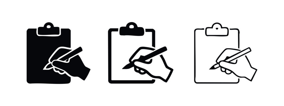 Clipboard with writing hand icon set, form filling, survey, and documentation symbols