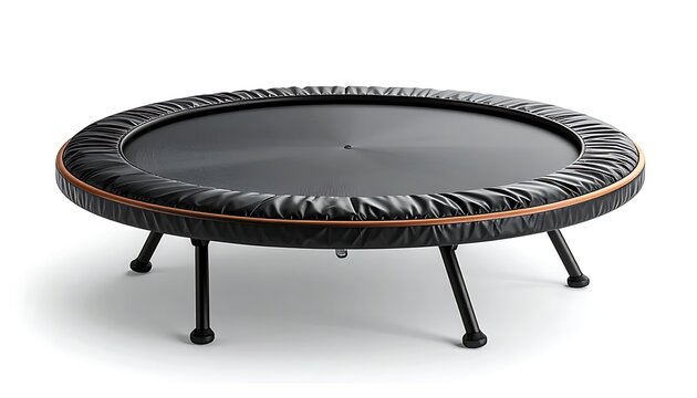 A circular, black trampoline with a padded, leather-like rim and short black legs, presented on a white background