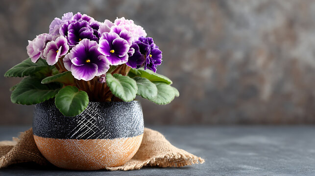Close-up of a blooming African violet in a decorative pot, highlighting delicate petals and charming indoor floral beauty.