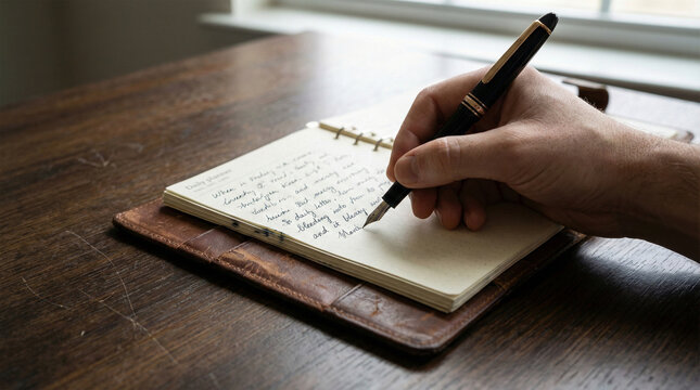 Hand writing business schedule in a leather planner.