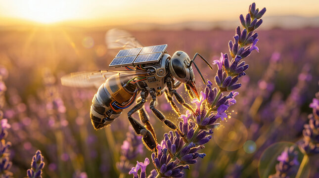 Solar powered bionic bee collecting pollen from lavender at golden hour