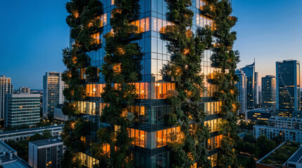 Obraz premium Futuristic vertical forest glass skyscraper at twilight golden hour