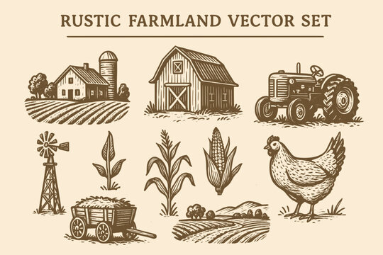 Rustic farmland vector logo designs with diverse farming elements. Ideal for agriculture businesses, farm brands, and agricultural products.