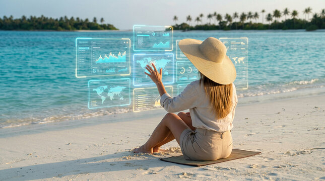 Remote worker  using holographic display on tropical beach