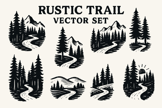 Options for rustic mountain trail scene logo set for outdoor brands. Scenic, versatile, outdoorsy logos with trees, mountains, trails. Ideal for adventure and naturethemed businesses.