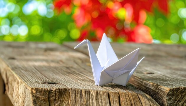 Ręcznie robiony biały ptak origami umieszczony na rustykalnej drewnianej desce z pięknym rozmytym tłem jesiennej natury i kolorowym bokeh.