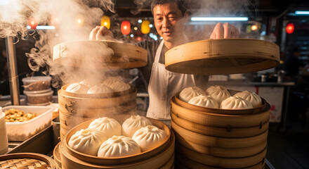Fototapeta premium Chef Opening Bamboo Steamers with Fresh Hot Bao Buns in Street Market