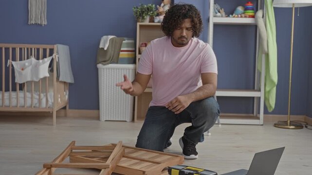 Man kneeling assembling cradle and reaching for parts in studio using laptop for instructions; frustration problem solving.