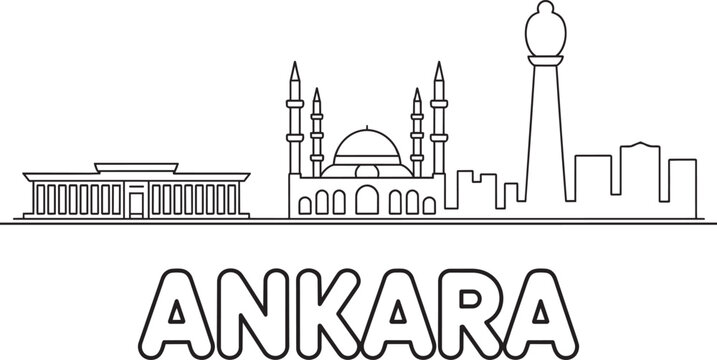 Ankara Turkey City Skyline Line Art Illustration Featuring Anitkabir And Atakule Tower Outline