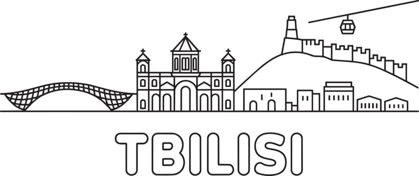 Tbilisi Skyline Illustration Outline Vector City Architecture Bridge Cable Car Landmarks