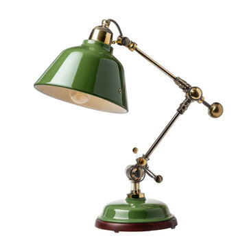 Vintage green metal desk lamp, adjustable articulated task light, retro industrial home office lighting decor PNG isolated on Transparent Background