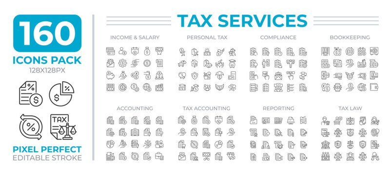 Taxes services line icons set collection. Income and salary control. Financial reports. Accounting mega pack of linear pictograms, pixel perfect. Isolated vector illustrations. Editable stroke