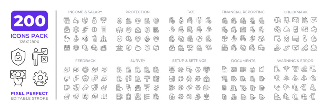Finances line icons set collection. Income and expenses management. Business commercial development mega pack of linear pictograms, pixel perfect. Isolated vector illustrations. Editable stroke