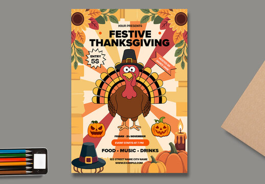 Festive Thanksgiving Party Poster with Turkey Illustration
