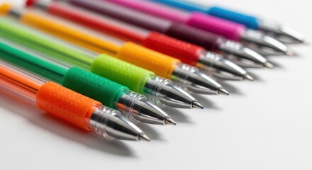 Fototapeta premium A collection of colorful ballpoint pens arranged in a row isolated on white background