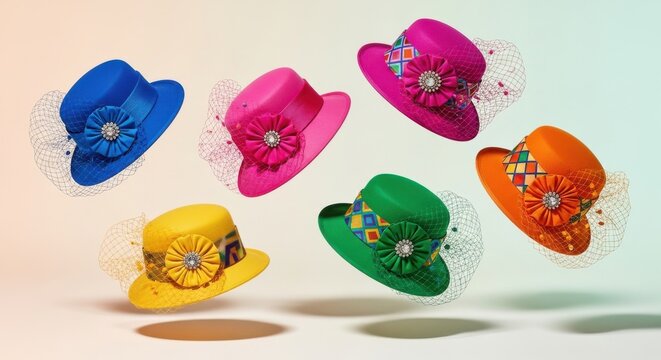 Collection of colorful vintage style fascinator hats with veils isolated on white background