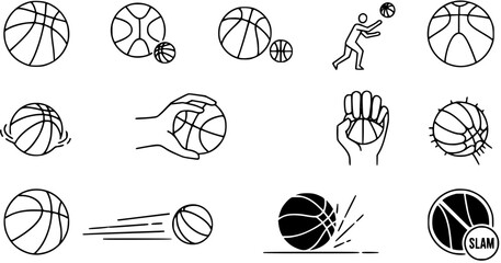 Basketball Sports Line Art Icons Set - Player Dribbling, Shooting, and Slam Dunking Vector Illustrations © vectorcorp