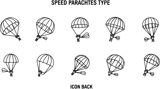 Black and White Line Art Icons Set of Speed Parachutes for Skydiving and Adventure Sports