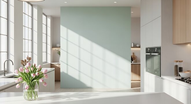 Modern light kitchen interior with a partition wall and flowers with living space with real estate with breakfast bar
