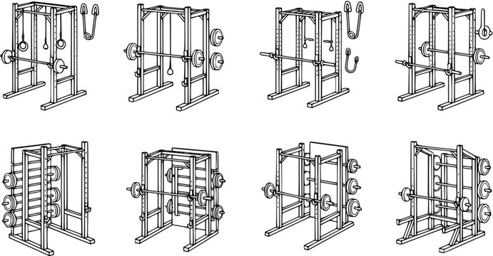 Fitness Gym Weightlifting Power Rack and Squat Rack Equipment Black and White Line Art Vector Set