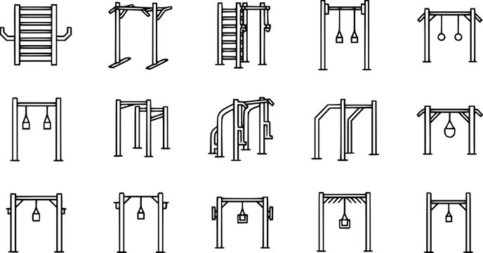 Fitness Calisthenics Equipment Outline Icons. Gym Workout Exercise Pull Up Bar, Dip Station, Gymnastic Rings, and Monkey Bars Line Art Set.