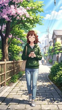 Anime style girl walking in cherry blossom street